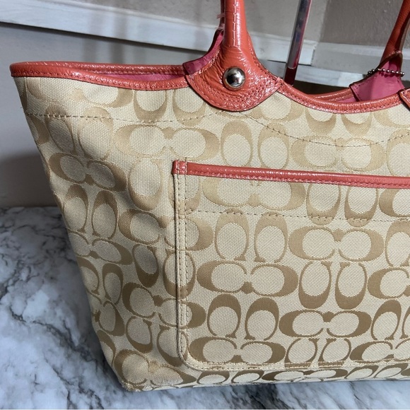 Coach Canvas Tote Pink Leather Purse Floral 3D Applique - Picture 6 of 14